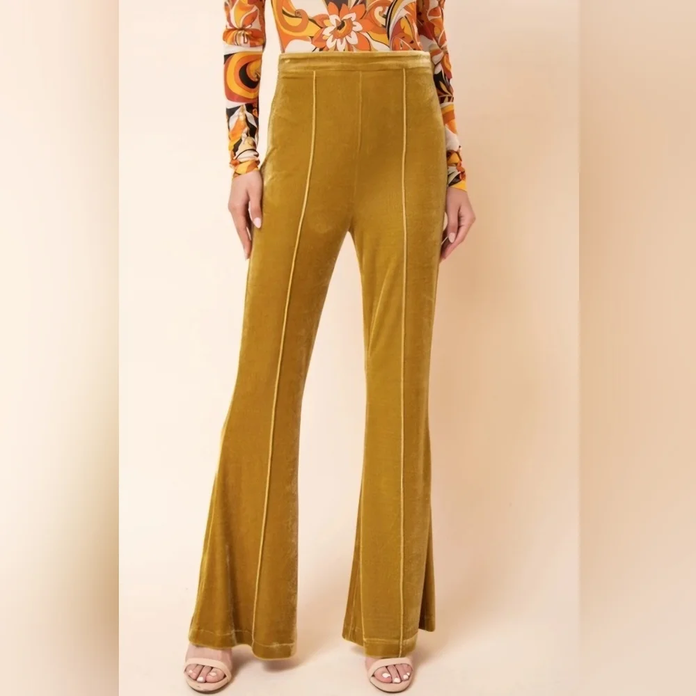 NEW Flying Tomato Yellow Flare Pants Velour Bohemian Retro 70s Mustard - Picture 1 of 7